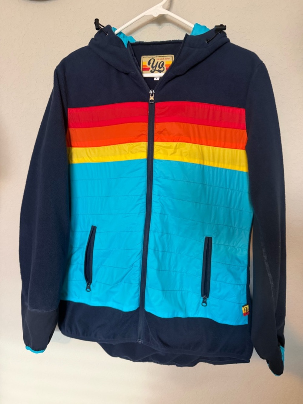 Woman’s ' Hooded Stripe Puffer Jacket - Navy with Rainbow Bands